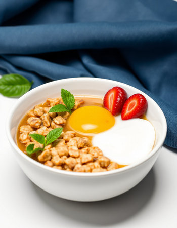 Bowl of breakfast with granola and egg on white backgroundの写真素材