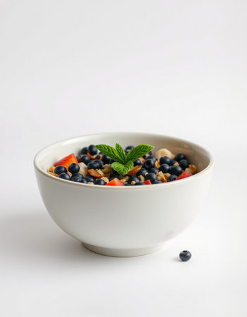 Muesli with blueberries and nuts in a bowl on white backgroundの写真素材