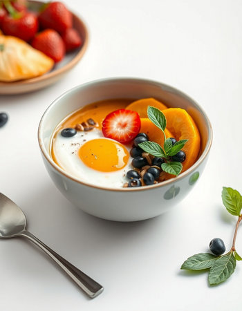 Breakfast bowl with omelet, berries and fruits on white backgroundの写真素材