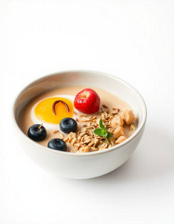 bowl of oatmeal with berries on white backgroundの写真素材