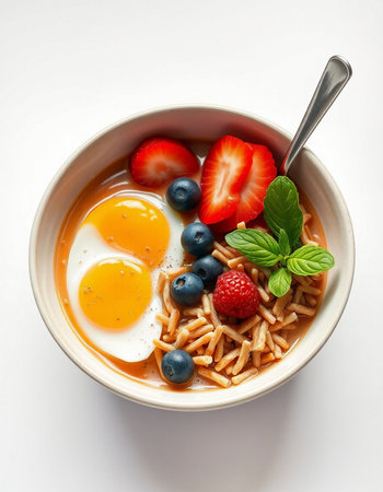 Breakfast bowl with strawberry, blueberry and basilの写真素材