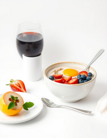 Healthy breakfast with berries and fruit on white backgroundの写真素材