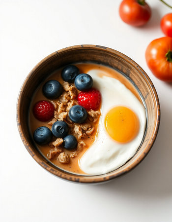 Breakfast bowl with oatmeal, berries and egg on white backgroundの写真素材