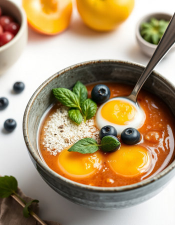 Healthy breakfast bowl with berries and mint.