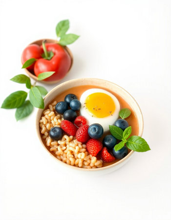 Healthy breakfast bowl with oatmeal, berries and egg, selective focusの写真素材