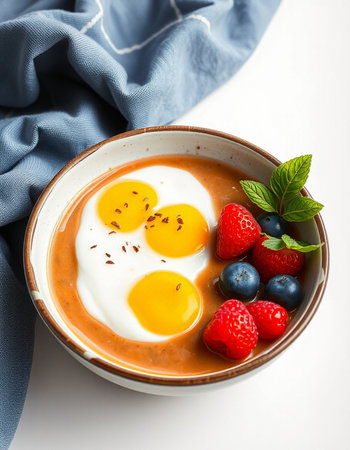 Breakfast with berries and egg on white backgroundの写真素材