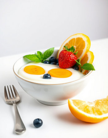Yogurt with fruits and mint on white background. Breakfast.の写真素材