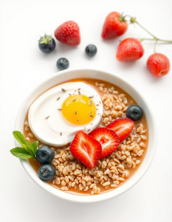 Bowl of oatmeal porridge with strawberry, blueberry and egg