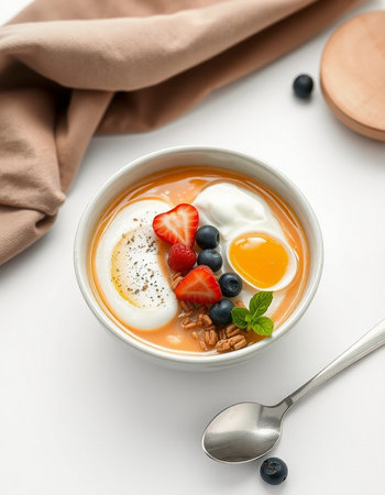 Bowl of delicious yogurt with berries on white background