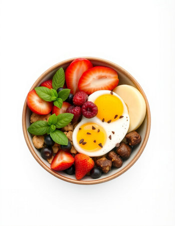 Healthy breakfast bowl with eggs, strawberries, blueberries, mozzarella cheese and nuts isolated on...