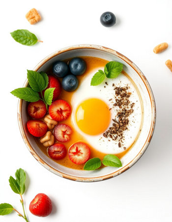 Breakfast with fried egg, blueberries, strawberries and mint on white background