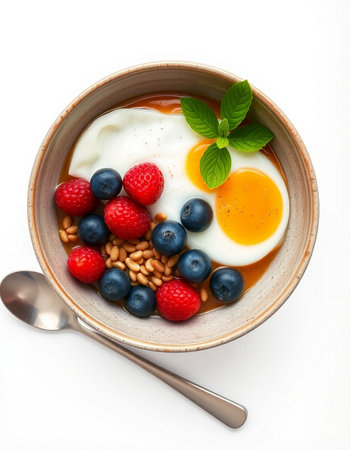 Yogurt with fresh berries in bowl isolated on white background.の写真素材