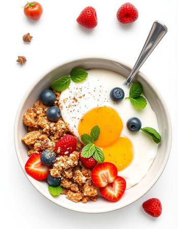 Healthy breakfast with granola, yogurt and berries on white backgroundの写真素材