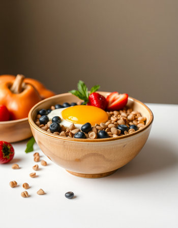Healthy breakfast with oatmeal, berries and eggs on white backgroundの写真素材