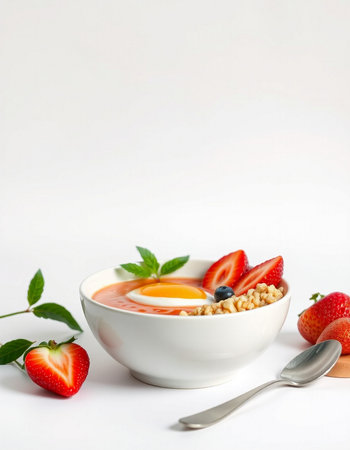 Bowl of oatmeal with strawberry and blueberry on white backgroundの写真素材