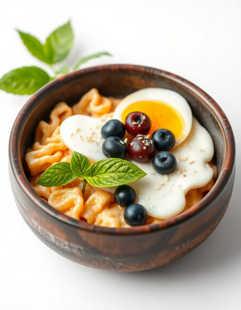Ravioli with cottage cheese and berries in a wooden bowl