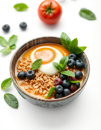 Bowl of yogurt with fresh berries on white backgroundの写真素材