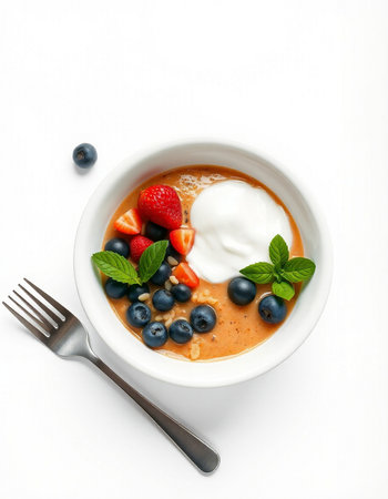 bowl of oatmeal with strawberries and blueberries on a white backgroundの写真素材