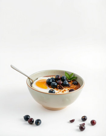 Yogurt with blueberries in a bowl on a white backgroundの写真素材