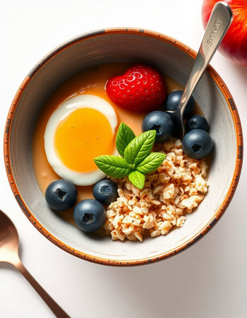 Healthy breakfast bowl with oatmeal, berries and egg on white backgroundの写真素材