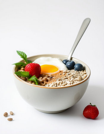 Healthy breakfast with oatmeal, yogurt and berries on a white backgroundの写真素材