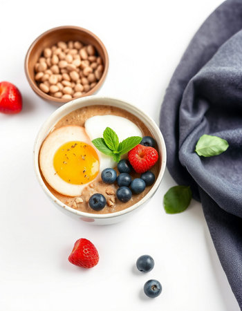 Healthy breakfast bowl with oatmeal, berries and egg on white backgroundの写真素材
