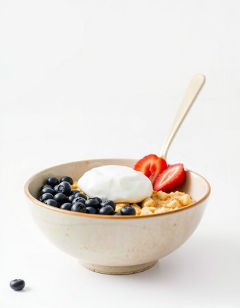 Healthy breakfast - oatmeal with yogurt and fresh berries on white background