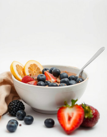 Healthy breakfast with muesli and fresh berries on white backgroundの写真素材