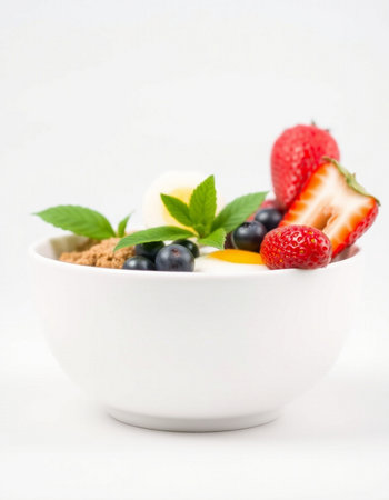 Fruit salad with strawberries and blueberries in a bowl on a white backgroundの写真素材