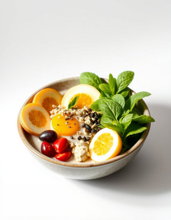 Healthy breakfast bowl with oatmeal, berries, fruits and nutsの写真素材