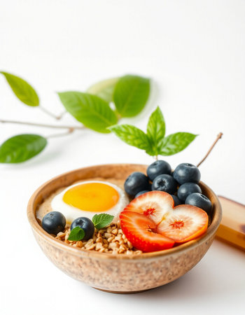 Healthy breakfast. Oatmeal with fresh berries and egg in wooden bowl on white background.の写真素材