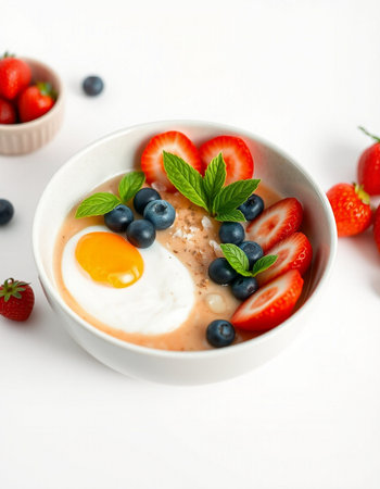 Strawberry porridge with egg and blueberries on white backgroundの写真素材