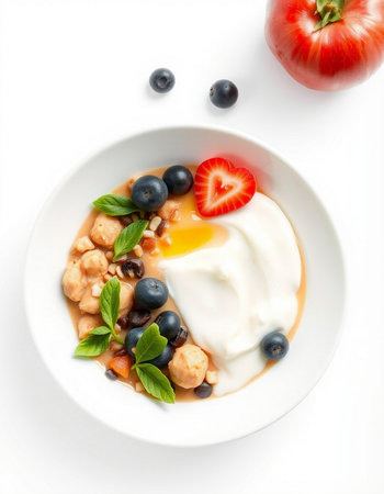 Healthy breakfast with yoghurt and vegetables on white background, top viewの写真素材