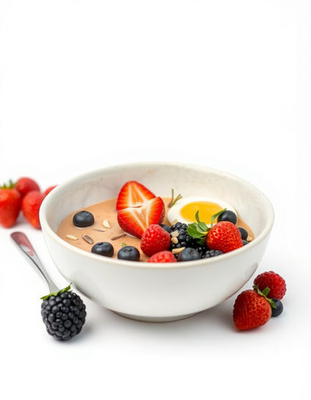 bowl of muesli with fresh berries on white backgroundの写真素材