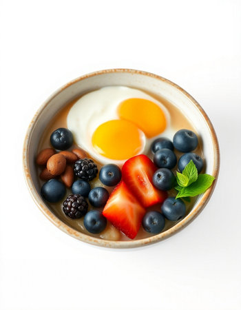 Healthy breakfast with oatmeal, berries and eggs on white backgroundの写真素材