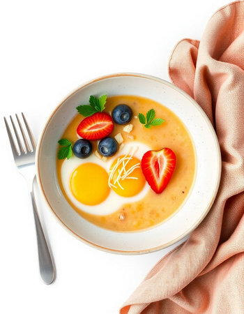 Healthy breakfast with omelet, berries and fried eggs on white backgroundの写真素材