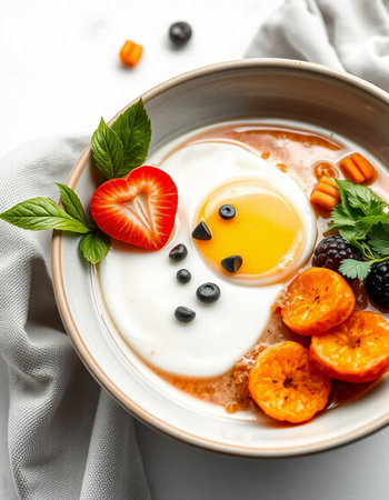 Breakfast with fresh berries on white backgroundの写真素材
