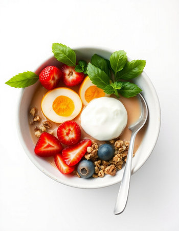 Healthy breakfast bowl with yogurt, berries and granola on white backgroundの写真素材