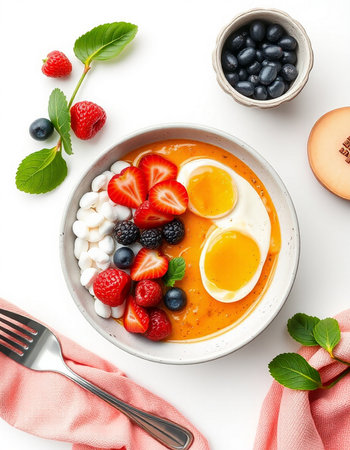 Healthy breakfast with eggs, berries on white backgroundの写真素材