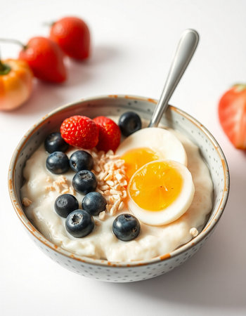 Healthy breakfast with oatmeal, berries and egg on white backgroundの写真素材