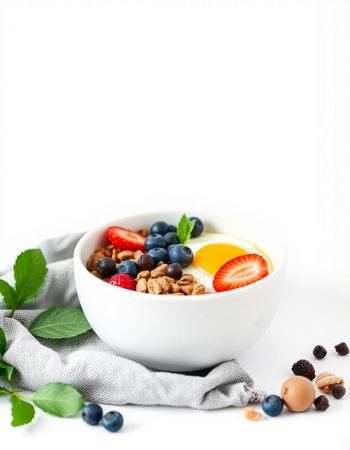 Healthy breakfast with muesli, yogurt and berries on white backgroundの写真素材
