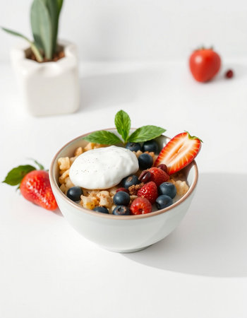 Muesli with yogurt and berries in a bowl on a white backgroundの写真素材