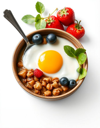 Chickpea porridge with fried egg and fresh berries on white backgroundの写真素材