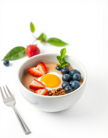 Healthy breakfast with oatmeal, berries and fried egg on white background