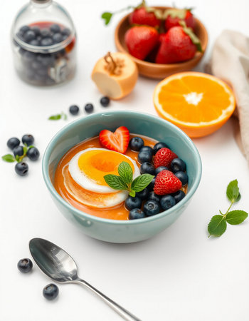 Healthy breakfast bowl with fresh berries, yogurt and egg on white backgroundの写真素材