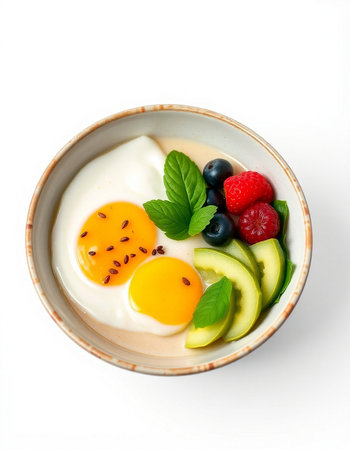 Breakfast with eggs, raspberries, blueberries on white backgroundの写真素材