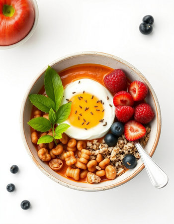 Healthy breakfast bowl with berries and egg, top viewの写真素材
