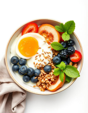 Healthy breakfast bowl with oatmeal, berries and fried egg over white backgroundの写真素材