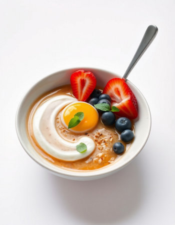 bowl of oatmeal porridge with fresh berriesの写真素材