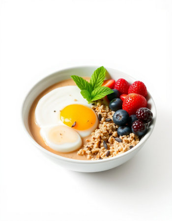 Healthy breakfast with oatmeal, berries and egg on white background